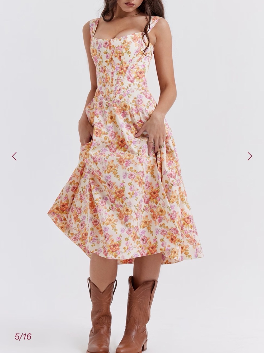 House of CB SAIRA Pink and Yellow Floral Square-Neck Midi Dress